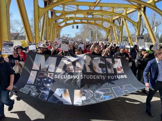 Students and staff from colleges marched in Sacramento on Thursday calling for lawmakers to address the high cost of tuition and housing. (Matthew Hardy/CFT)