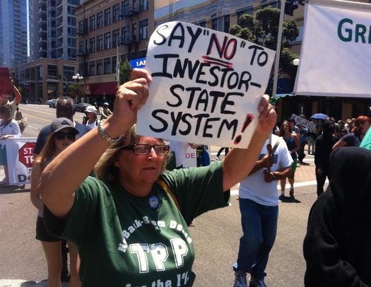 Protesters rallied in San Diego in 2012 against trade agreements that allow corporations to sue for future profits when governments deny permits. (Arthur Stamoulis/Trade Justice Education Fund)