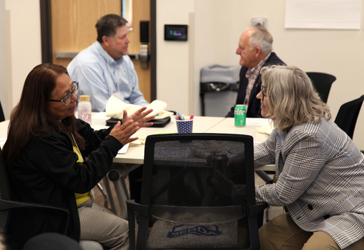 Mayor Lenise Peterman spoke with a participant at the Coal Country at a Crossroads Listening Session. (United Today, Stronger Tomorrow)