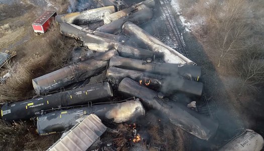 Drone footage showed the freight train derailment in East Palestine, Ohio, on Feb. 6, 2023. (Wikimedia Commons)