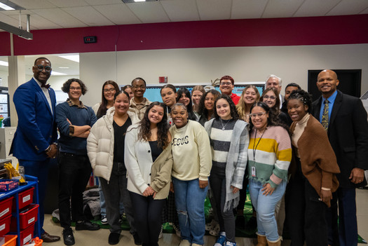 Junior and senior Educators Rising members with Dr. Khalid Mumin, PA Secretary of Education, and Dr. Keith Miles, School District of Lancaster Superintendent. (School District of Lancaster)