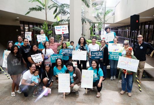 Children's advocates rallied in Hilo in March, calling for state investments in affordable childcare and early learning. (Hawaii Children's Action Network)