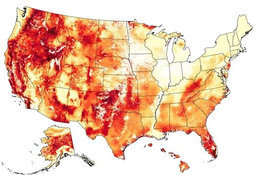 Red areas on the map show regions more likely to have wildfires. (Wildfire Risk to Communities)