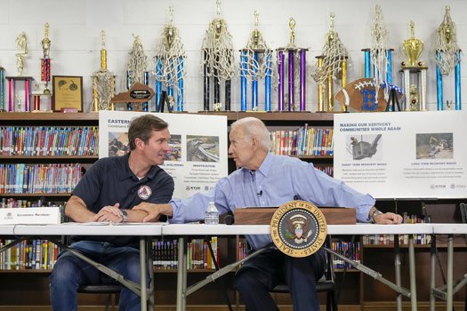 President Joe Biden, joined by Gov. Andy Beshear, participated in a briefing with local leaders on the flood response in Eastern Kentucky on Aug. 8, 2022, at Marie Roberts-Caney Elementary School in Lost Creek, Ky. (Official White House Photo by Erin Scott/Wikimedia Commons)