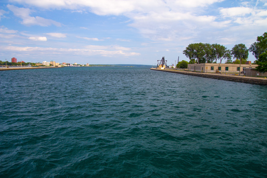 The Soo Locks in Sault Ste. Marie, Michigan, are points of connection between Lake Superior and the lower Great Lakes for bulk carrier vessels. (ehrlif/Adobe Stock)