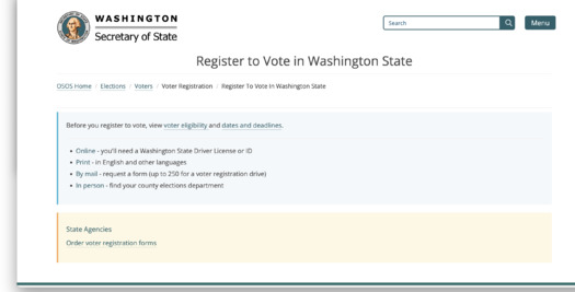 For Washingtonians to vote, online registration is required eight days before election day. (sos.wa.gov)