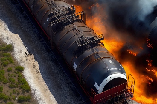 After Norfolk Southern train derailment in East Palestine, Ohio in February 2023, officials set aflame 116,000 gallons of vinyl chloride into the region, citing explosion risk. (Adobe Stock)