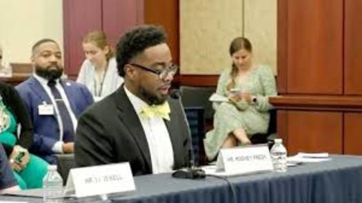 Detroit Public Schools teacher Rodney Fresh addresses the U.S. House Democratic Steering and Policy Committee on Sept. 25, sharing his concerns about a conservative plan to reshape the federal government, known as Project 2025. (Rep. Adel Auro)