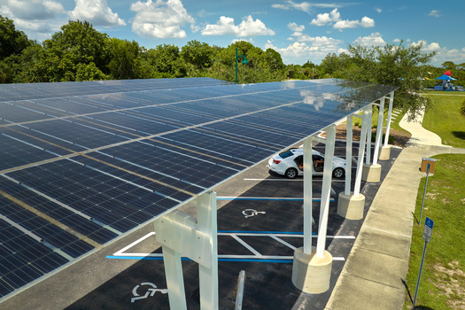 A solar canopy project at SUNY New Paltz required $43,613 in startup money, with profitability in five years, according to student projections. In 50 years, though, it would save the school $787,130 in energy costs. (Adobe Stock)