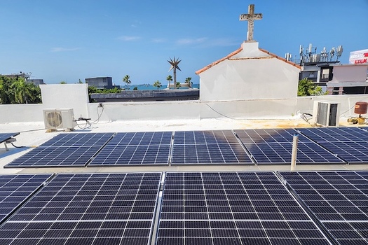 A new rooftop solar array at Nuestra Seora del Carmen Parish in Catao, a town on the shores of San Juan Bay in Puerto Rico, is poised to strengthen the community's resilience against future climate disasters. (Courtesy of Lissette A. Avils-Ros)