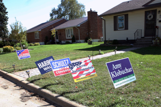 A home in Virginia, Minn., displays signs for both candidates in a closely watched legislative race, along with other DFL candidates. In recent years, Republicans could finally envision taking the House 7B seat, a possibility that a decade ago seemed unthinkable. (Photo courtesy of Jerry Burnes)