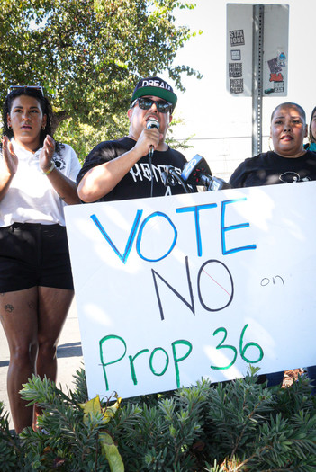 Activists spoke out in San Leandro last week supporting Prop. 6 and opposing Prop. 36. (Jesus 