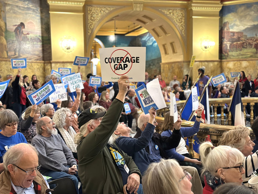 Protestors rallied for Medicaid expansion at the Kansas Statehouse in March. (Lacey Kennett/Alliance for a Healthy Kansas)