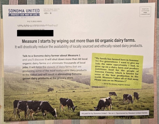 Supporters of Measure J said opposition mailers such as this one were used to spread false claims ahead of the election. (Direct Action Everywhere)