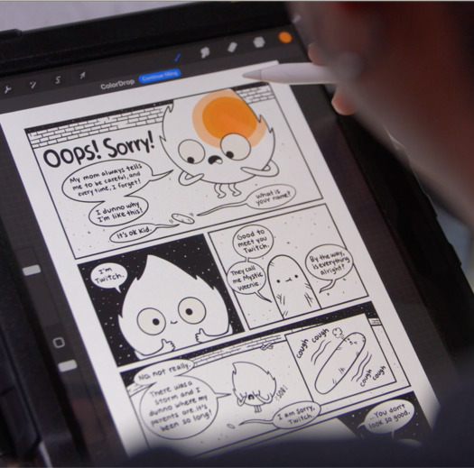 Mental Health boost: Rocky Casillas Aguirre adds a pop of color to 'Twitch the Flame,' a main character in his comic series which focuses on mental health for kids. (Photo courtesy of Casillas Aguirre)