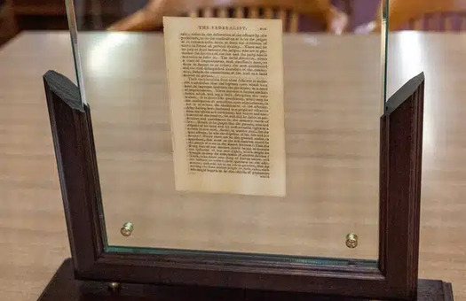 The Indiana Supreme Court Law Library found in its basement a framed, printed page from the 1788 McLean two-volume set of the Federalist Papers. (Connor Burress/TheStatehouseFile.com)