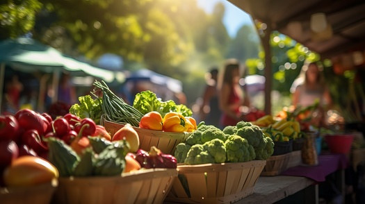 Farmers markets encourage consumption of fruits and vegetables, which is much more climate-friendly compared with a meat-based diet. (Corey/Adobe Stock)