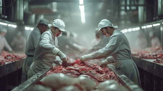 The 'piece rate' system can determine a slaughterhouse worker's pay based on their production output, or how many pieces of meat they are able to process during their shift. (Adobe Stock) 