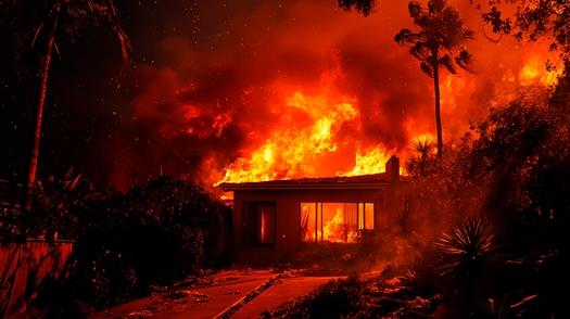 A home burns in a Los Angeles neighborhood during recent wind-driven wildfires spreading throughout several Southern California communities. (Adobe Stock)