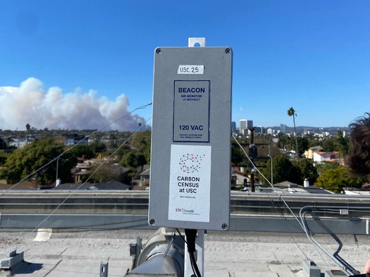 A Carbon Census sensor's sophisticated electronic components (shown here during the Los Angeles fires) can detect a variety of atmospheric compounds. (Mike Glier)