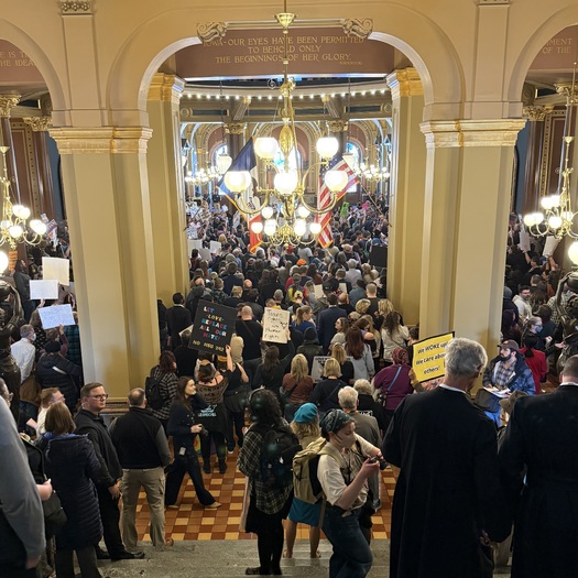 Protesters rallied at the Iowa State Capitol on Feb. 28 before Gov. Kim Reynolds signed a measure removing gender identity protections from the state's civil rights code. (Anne Discher/Common Good Iowa)