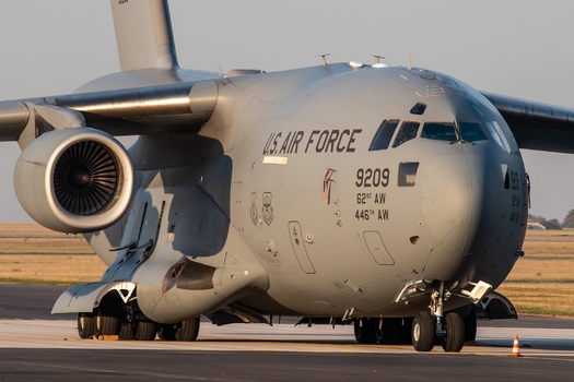 A C5 Galaxy cargo jet taxis to the runway at Wright-Patterson Air Force Base in Green County, Ohio, which employs more than 20,000 federal workers. (Adobe Stock)