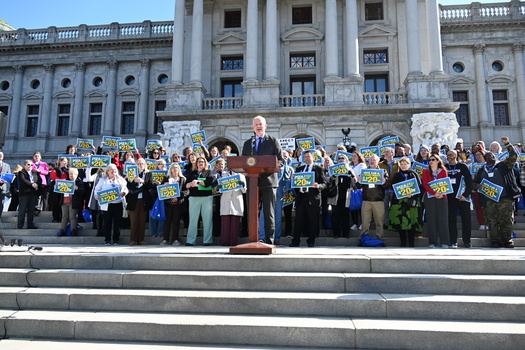 Aaron Chapin, president of the Pennsylvania State Education Association, was among the speakers at Tuesday's Harrisburg rally. He told the crowd it is 