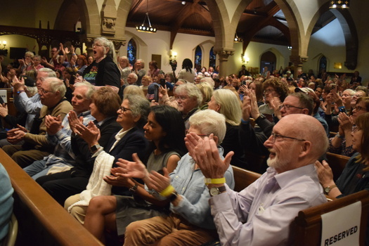 Around 500 people gathered at the Cathedral Church of the Nativity in Bethlehem, Pa., for a town hall to discuss concerns about potential cuts to Medicaid, SNAP and Social Security. (Anna Gustafson)