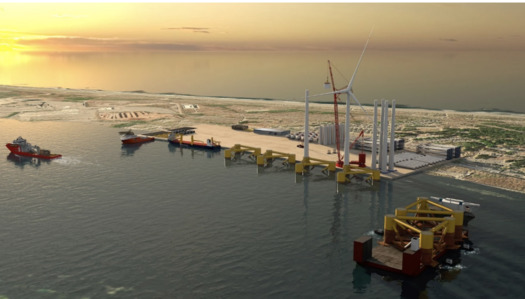 An artist's rendering shows the offshore wind terminal proposed in Humboldt Bay.  (Aker Offshore Wind/Humboldt Bay Harbor, Recreation and Conservation District)