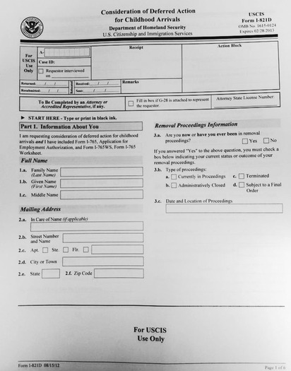 PHOTO: First page of the I-821D application: Consideration of Deferred Action for Childhood Arrivals.