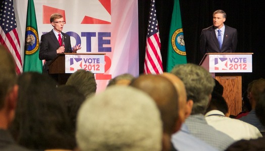 PHOTO: Gubernatorial candidates Rob McKenna (L) and Jay Inslee (R) faced off on Tues. night in Yakima, in their third of five debates. Photo courtesy of AARP Washington (a cosponsor of the debate).