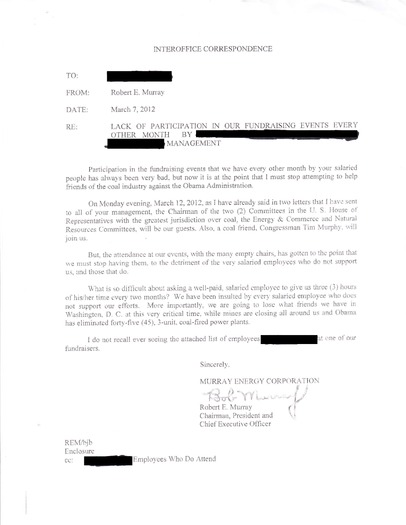 4/7/12 memo signed by Bob Murray which publicly names employees who have not given, and saying he feels 