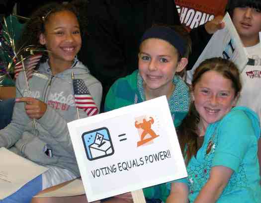 PHOTO: Many schools have events or assemblies to announce their vote results. This shot was taken at a 2008 Mock Election event at Beaverton City Hall. Courtesy of League of Women Voters of Oregon.
