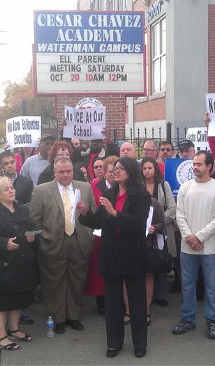 Parents protesting outside Chavez High School in Detroit. Photo courtesy of AIR-Michigan