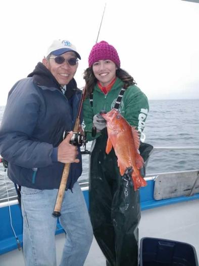 Photo: Volunteer recreational angler Ken Yuen and CCFRP scientist Jahnava Duryea collecting data on nearshore fishes at Half Moon Bay. Credit: California Collaborative Fisheries Research Program.