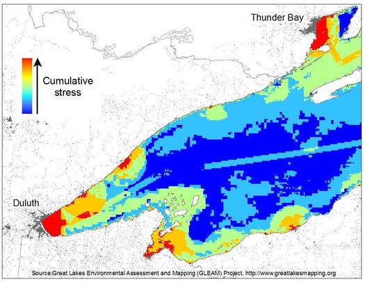 IMAGE: Maps from the GLEAM Project show Lake Superior is the least stressed of the Great Lakes, but Duluth is facing environmental and ecological threats. Courtesy of University of Michigan.