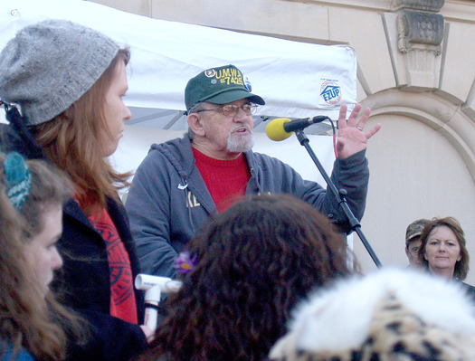 PHOTO:  Carl Shoupe of Harlan County calls for a transition to clean energy during this year's I Love Mountains Day at the state Capitol Thursday.  Credit Kentuckians for the Commonwealth. 