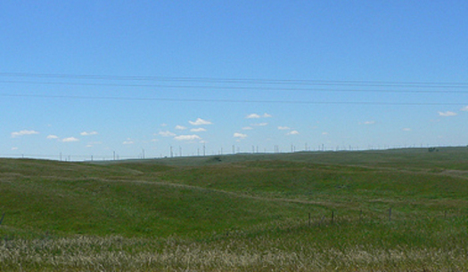 PHOTO: Dozens of turbines on a ridge between Ellendale and Ashley. The Center for Rural Affairs says more high voltage transmission lines will help get wind generated electricity on the grid. CREDIT: cariliv
