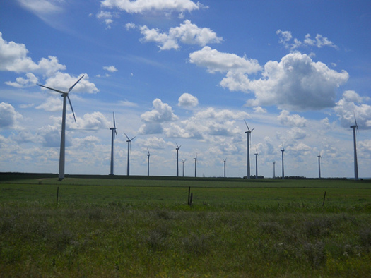 PHOTO: Wind turbines dot the landscape in Pipestone County in southwest Minnesota. The Center for Rural Affairs says more high voltage transmission lines will help get wind generated electricity on the grid. CREDIT: cariliv