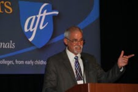 PHOTO: CFT president Joshua Pechthalt greets the delegates to open the 71st annual California Federation of Teachers convention on Friday, March 15.