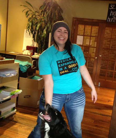 PHOTO: Meagan McKay at Montana Women Vote, wearing one of the T-shirts that hundreds will don today at the Capitol. Courtesy of Montana Women Vote.