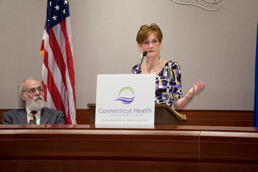 PHOTO: Patricia Baker gives recent testimony about health care reform efforts in Connecticut. Photo credit: Maryland Grier 