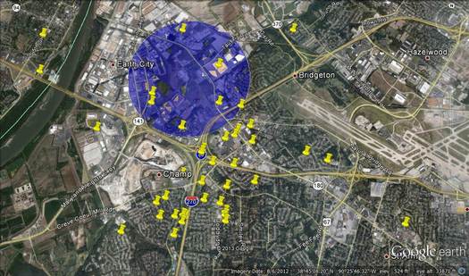 Pinned locations show resident odor complaints outside the one mile radius MCE says it is not meant to be a scientific analysis.  Courtesy of: MCE