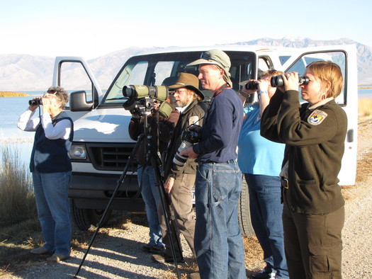 PHOTO: Get out your binoculars! This month, Utahns can see the newly hatched birds that breed locally, and also glimpse some species headed to Canada's Boreal Forest. These folks are at the Bear River Refuge outside of Brigham City. Courtesy U.S. Fish & Wildlife Service.