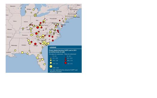 GRAPHIC: Dozens of coal-fired power plants east of the Mississippi have been shut down or are slated to retire (in red). Chart by Downstream Strategies.