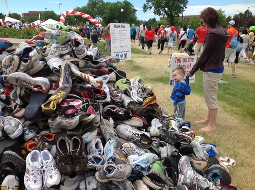PHOTO: More than 500 pairs of shoes were donated for the Denver Heart and Stroke Walk. Each pair was given in connection to a story about how cardiovascular disease has affected families. Photo courtesy of American Heart Association-SW Affiliate