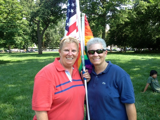 PHOTO: Maryland couple Michele Horrigan and Deb Gardiner celebrate DOMA decision at the U.S. Supreme Court.