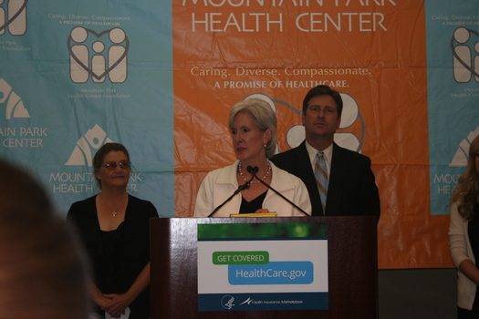 IMAGE: HHS Director Kathleen Sebelius kicks off enrollment drive for Affordable Care Act at Mountain Park Health Center in Phoenix. CREDIT: Doug Ramsey