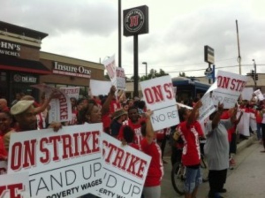 PHOTO: Missouri quick-service restaurant workers stage a one-day strike earlier this month. Courtesy Missouri Jobs with Justice.