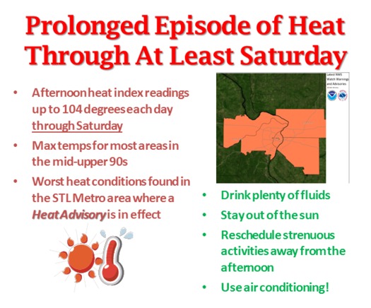 A heat advisory continues through Saturday                                 Courtesy of: National Weather Service